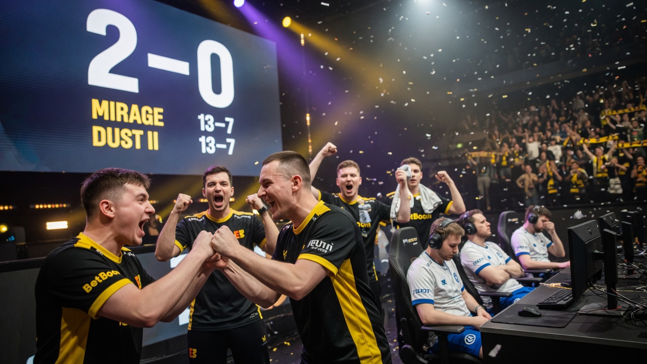BetBoom Team celebrates on stage at IEM Cologne Major 2026 after a 2-0 win